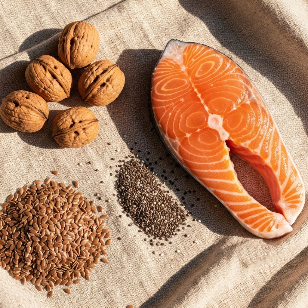 Omega-3 rich foods: salmon, walnuts, chia seeds